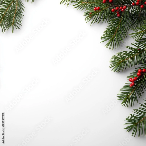 Fototapeta Christmas Pine Branch Frame with Red Berries on White Background