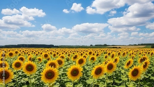 Obraz Endless field of sunflowers under a bright blue sky with fluffy white clouds