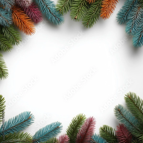 Fototapeta Colorful Christmas Pine Branch Frame on White Background with Copy Space
