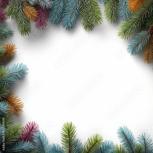 Fototapeta Colorful Christmas Pine Branch Frame on White Background with Copy Space