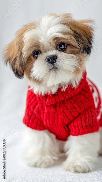 Fototapeta Shih Tzu Puppy Christmas Portrait on Clean White Background with Copy Space