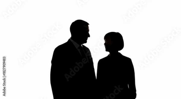 Fototapeta Silhouette of a man and woman in a professional setting, discussing.