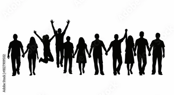 Fototapeta Silhouette of a Diverse Group of People Holding Hands in Unity.