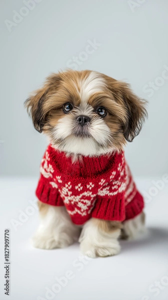 Fototapeta Shih Tzu Puppy Christmas Portrait on Clean White Background with Copy Space
