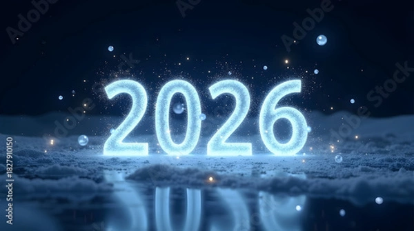 Obraz Glowing blue 2026 numbers emerge from snowy landscape with sparkling lights