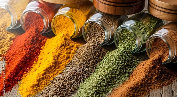 Fototapeta Colorful Spices and Herbs Spilling from Jars on Wood