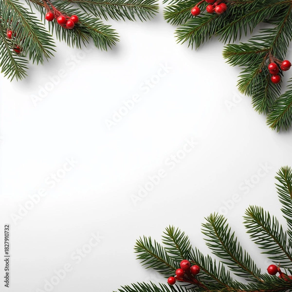 Fototapeta Christmas Pine Branch Frame with Red Berries on White Background