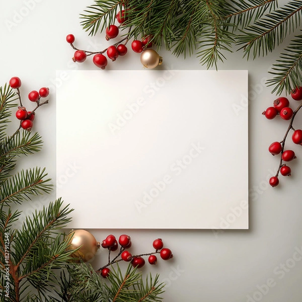 Fototapeta Christmas Pine Branches with Red Berries on White Background with Copy Space