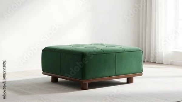 Fototapeta Square, emerald green ottoman with tufted top, set on wooden legs, in a minimalist room