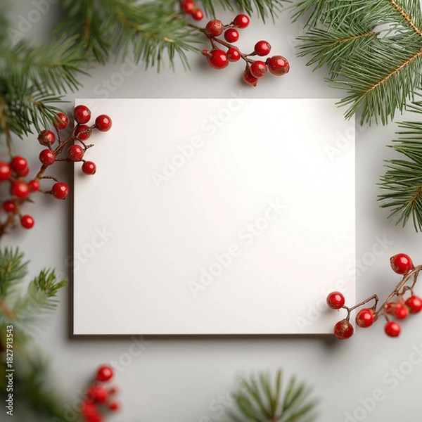 Fototapeta Christmas Pine Branches with Red Berries on White Background with Copy Space