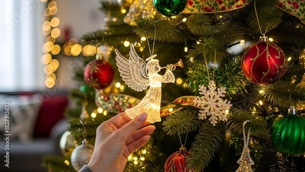 Fototapeta Close-up of a decorated evergreen tree with glowing angel ornament and bokeh background