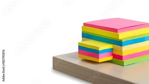 Fototapeta Stacked sticky notes in assorted colors on a wooden surface, white background