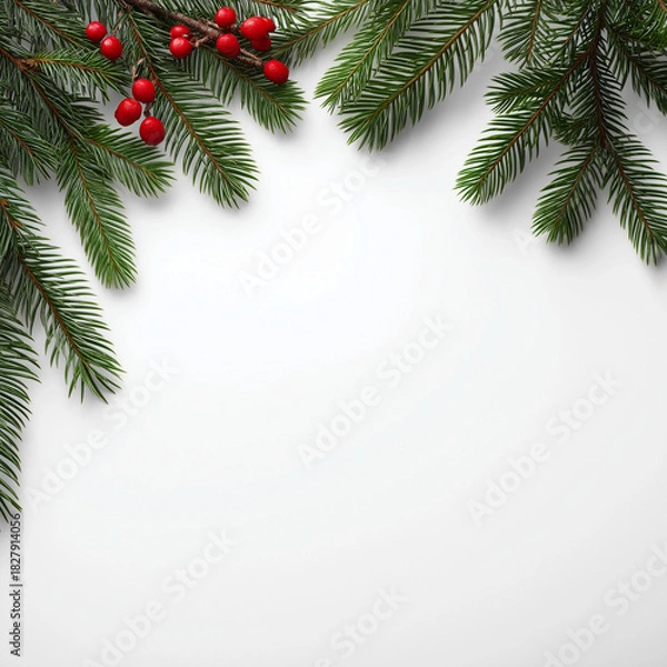 Fototapeta Christmas Pine Branch Frame with Red Berries on White Background