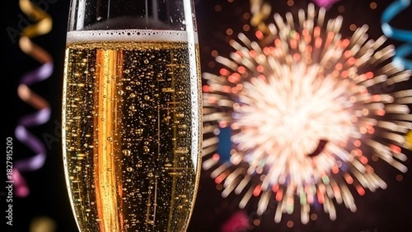Obraz A champagne flute in focus, with fireworks and streamers blurred in the background