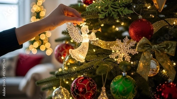 Obraz Hand decorating a lit green tree with ornaments, including an angel figure