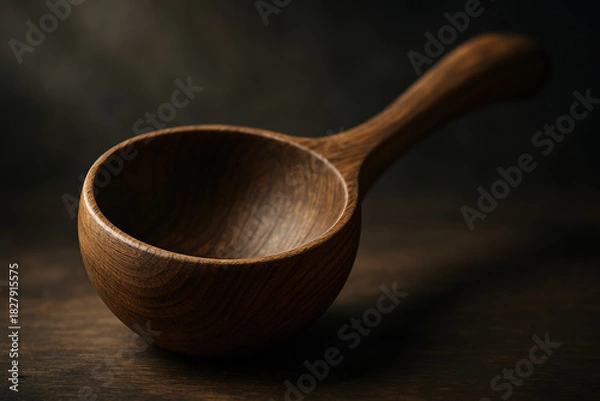 Fototapeta Close-up of a handcrafted wooden scoop on a dark wooden surface