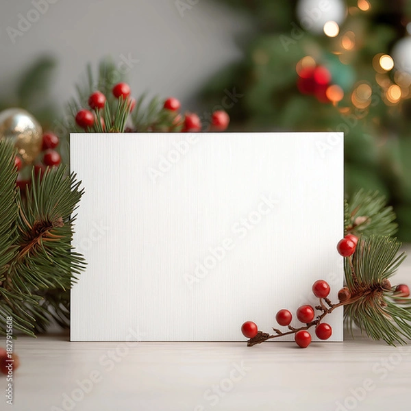 Fototapeta Christmas Pine Branches with Red Berries on White Background with Copy Space