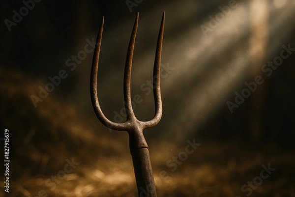 Fototapeta Close-up of an old rusty pitchfork in a barn with light rays