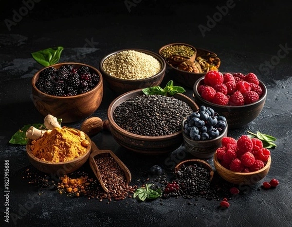 Obraz Earth’s Pantry: Vibrant Superfoods and Spices in Rustic Harmony