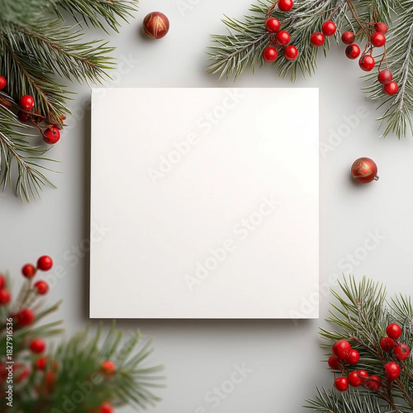 Fototapeta ChristmaChristmas, pine branches, red berries, white background, holiday frame, festive border, winter decoration, Christmas design, spine Branches with Red Berries on White Background with Copy Space