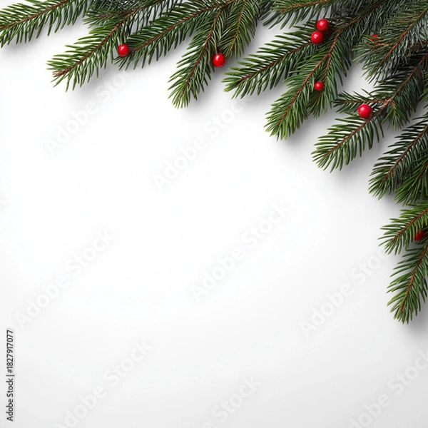 Fototapeta Christmas Pine Branch Frame with Red Berries on White Background