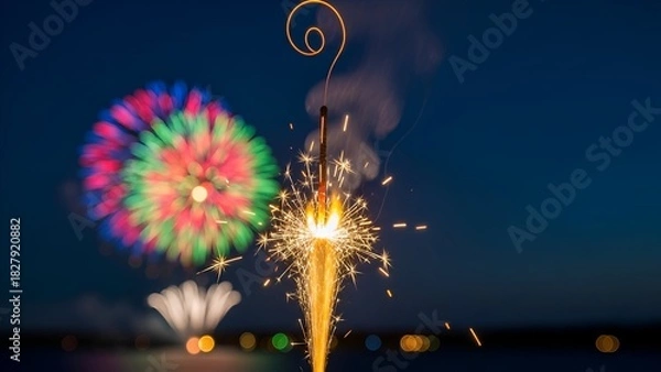 Fototapeta A sparkler blazing with fireworks in the background, night sky over a dark body of water