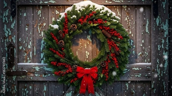 Fototapeta A festive wreath with red bow, berries, and pinecones adorns a weathered wooden door in snowfall