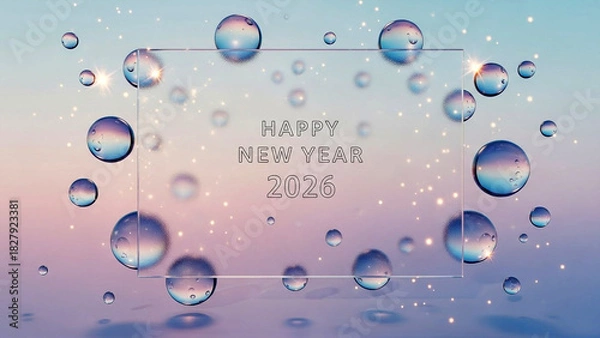 Obraz Luminous Frosted Glass Panel with Happy New Year 2026 Text and Pastel Sphere Background
