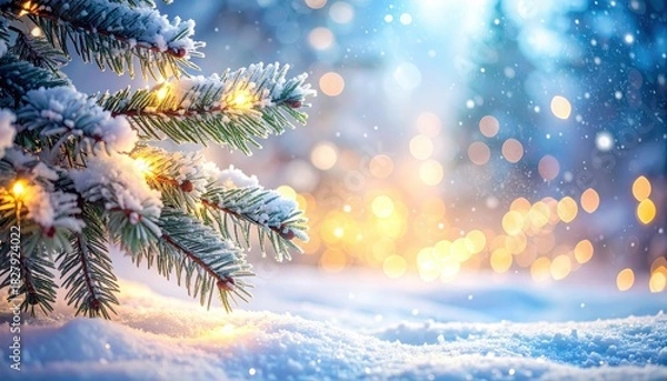 Obraz Christmas Glow: A snow-covered evergreen branch, adorned with twinkling lights, evokes the magic of the holiday season, with a serene snowy backdrop. 