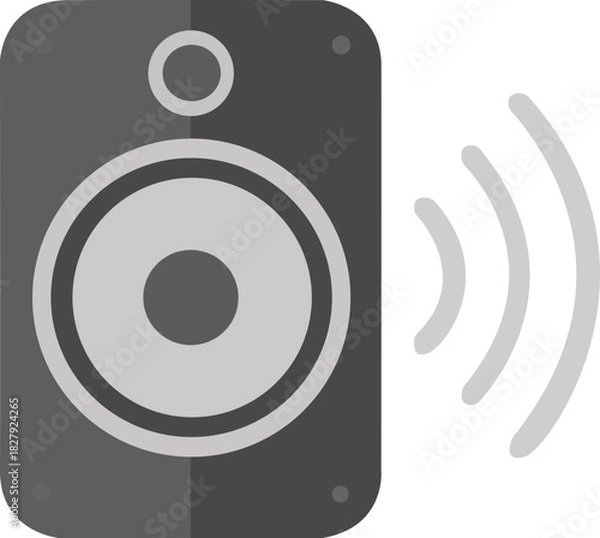Fototapeta Flat vector illustration of a speaker emitting sound waves, bold rounded speaker shape, clean circular details, simple wave lines, flat color palette