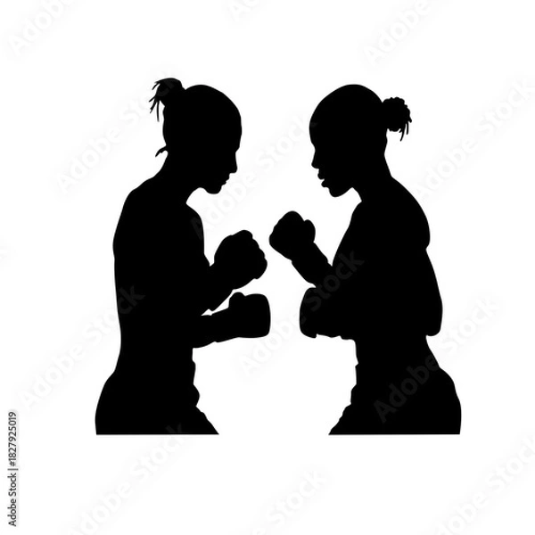 Obraz Silhouette of two women boxing against a white background