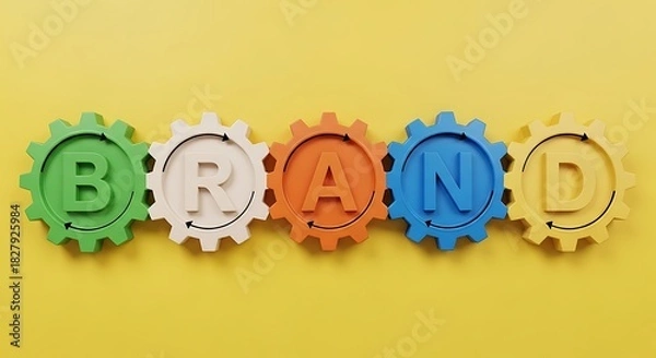 Fototapeta Colorful gears spelling out the word brand in a row against a bright yellow background, symbolizing business strategy