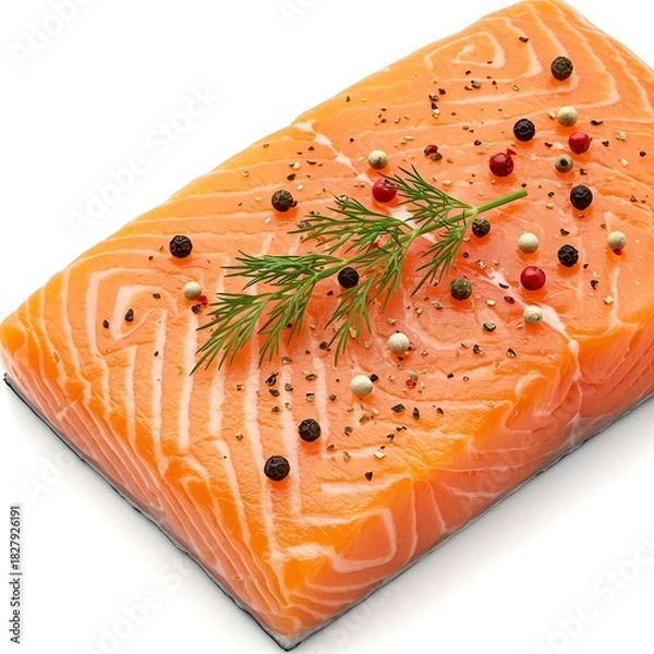 Obraz Fresh Salmon Fillet Garnished with Dill and Colorful Peppercorns Ready