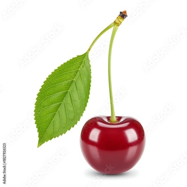 Fototapeta Fresh single cherry with leaf isolated against white background studio shot