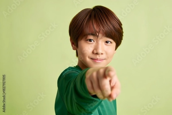 Fototapeta Young Asian Boy Pointing Directly at the Viewer with a Confident Expression