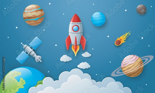 Fototapeta Space background with rocket and planets in paper art style