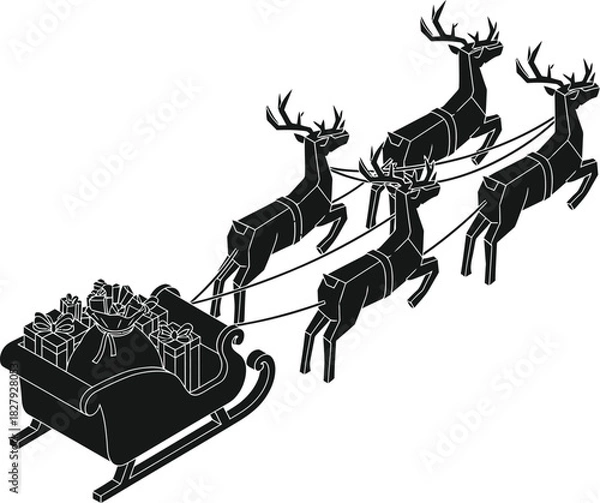 Obraz Santa's sleigh loaded with gifts pulled by reindeer through the night sky