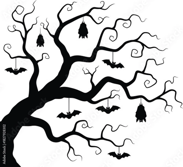 Fototapeta Spooky silhouette of a bare tree adorned with hanging bats for Halloween.