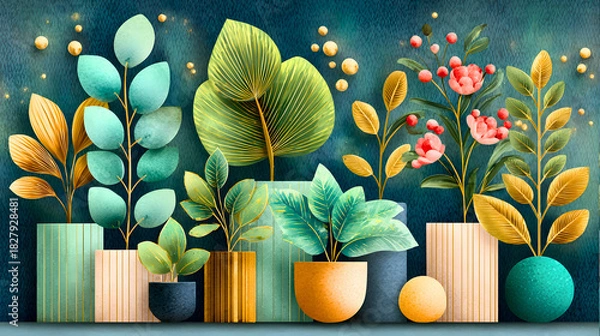 Fototapeta Decorative Botanical Arrangement with Colorful Leaves and Modern Textured Vases