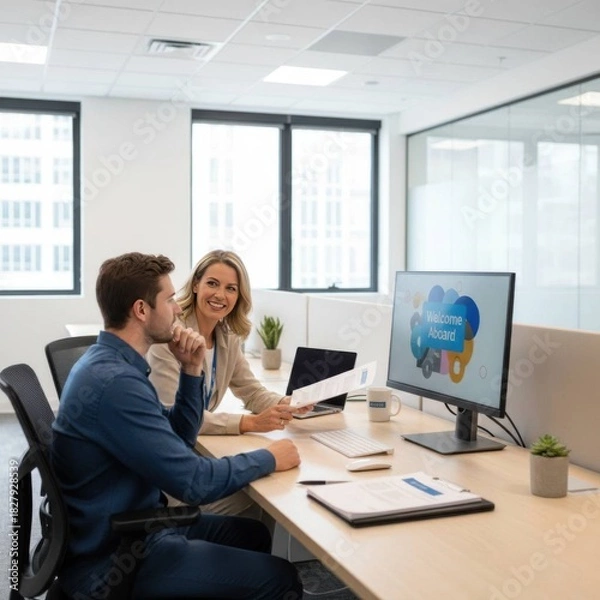 Obraz Professional woman welcoming new employee during onboarding in modern office workspace with natural light and positive team collaboration for success