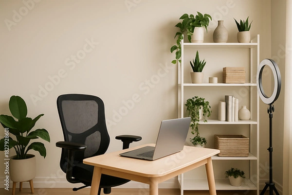 Obraz Calming workspace with laptop, ring light, and plants creates a productive, serene atmosphere perfect for remote work or creative endeavors