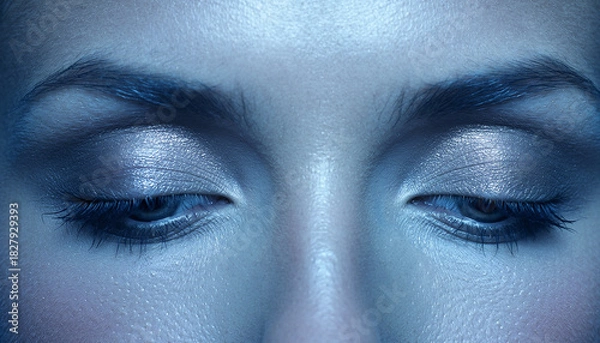 Fototapeta Close-up of a person's closed eyes with cool blue lighting and shimmering eyeshadow, conveying a sense of calm and introspection.