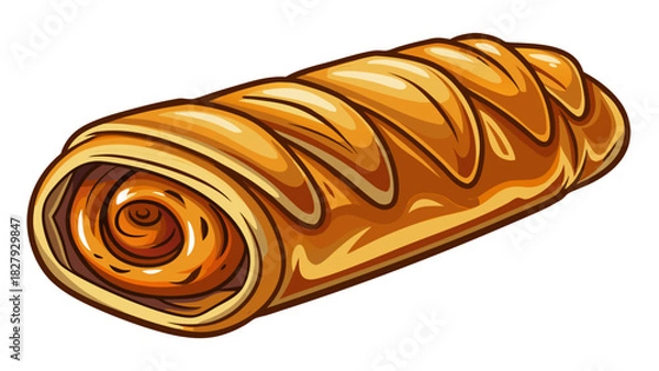 Fototapeta Very beautiful semi-realistic vector illustration of a single sausage roll on a clean white background, showing flaky pastry texture, warm golden tones, and a simple, appetizing presentation.