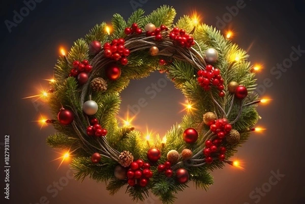Fototapeta Festive christmas wreath adorned with red berries and twinkling lights