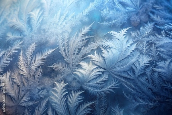 Fototapeta Intricate frost patterns on a cold windowpane in blue tones