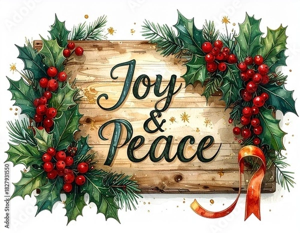 Obraz Festive Holiday Message with Joy and Peace on a Rustic Wooden Sign Adorned with Traditional Holly, Red Berries, and Evergreen Branches, Perfect for Seasonal Greetings and Celebrations