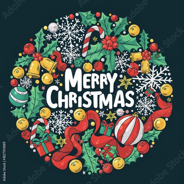 Obraz Festive Circular Design Featuring Merry Christmas Greetings with Holly, Bells, Candy Canes, and Snowflakes