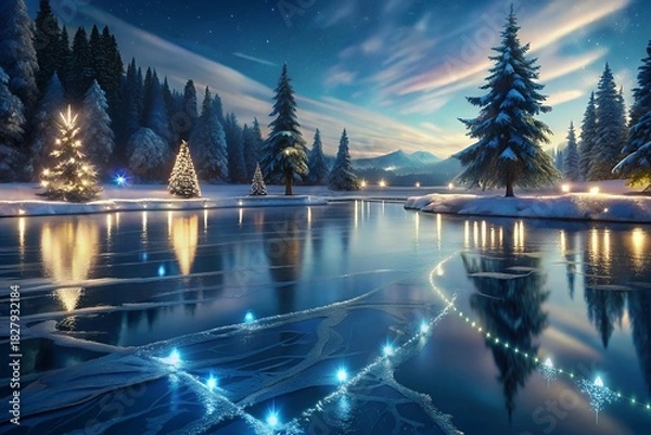 Fototapeta Enchanting winter night scene with illuminated trees and frozen lake