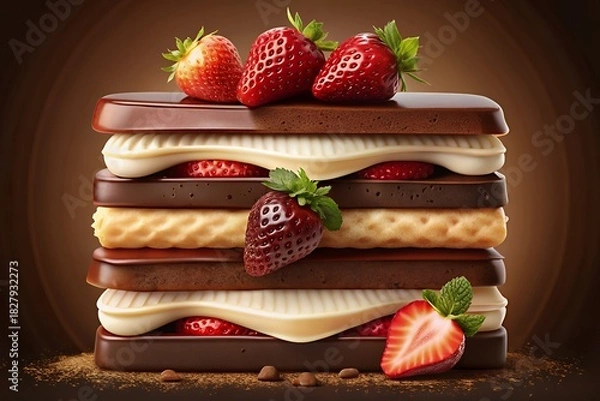 Fototapeta Decadent chocolate strawberry stacked dessert with cream and wafer layers