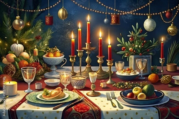 Fototapeta Elegant christmas dinner table setting with festive decorations and lit candles